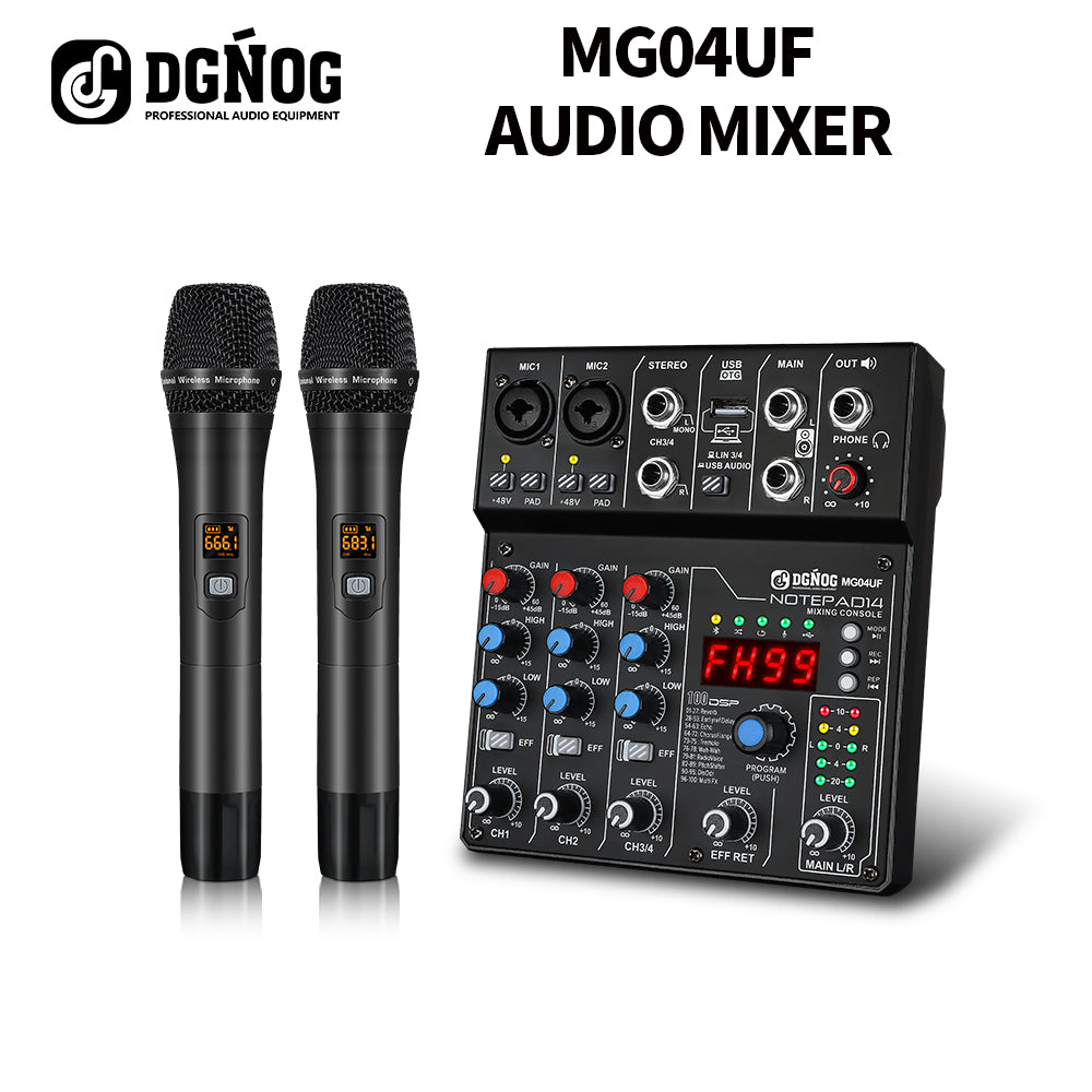 DGNOG 4 Channel Audio Mixer with UHF Wireless Microphone USB/Bluetooth Function 99DSP Effect PC Recording DJ Console for Home Karaoke