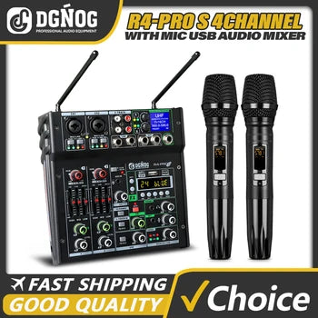 DGNOG 4-Channel Professional Karaoke Audio Mixer | Dual UHF Wireless Microphones & Bluetooth