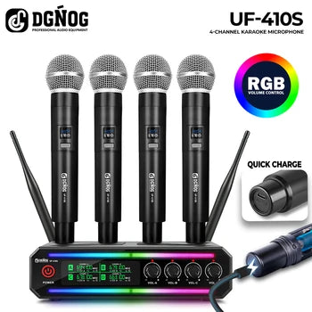 DGNOG UF-410S UHF 4 Channel Wireless Microphone System Rechargeable Cordless Handheld Mic for Karaoke Church Party Speaker
