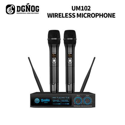 DGNOG UM102 UHF Wireless Microphone Adjustable Frequency Dual Handheld Microphone Full Metal Suitable for Church Singing Karaoke