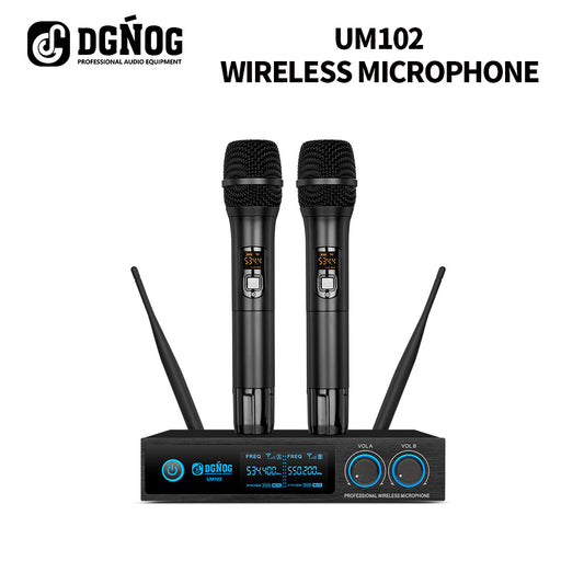 DGNOG UM102 UHF Wireless Microphone Adjustable Frequency Dual Handheld Microphone Full Metal Suitable for Church Singing Karaoke