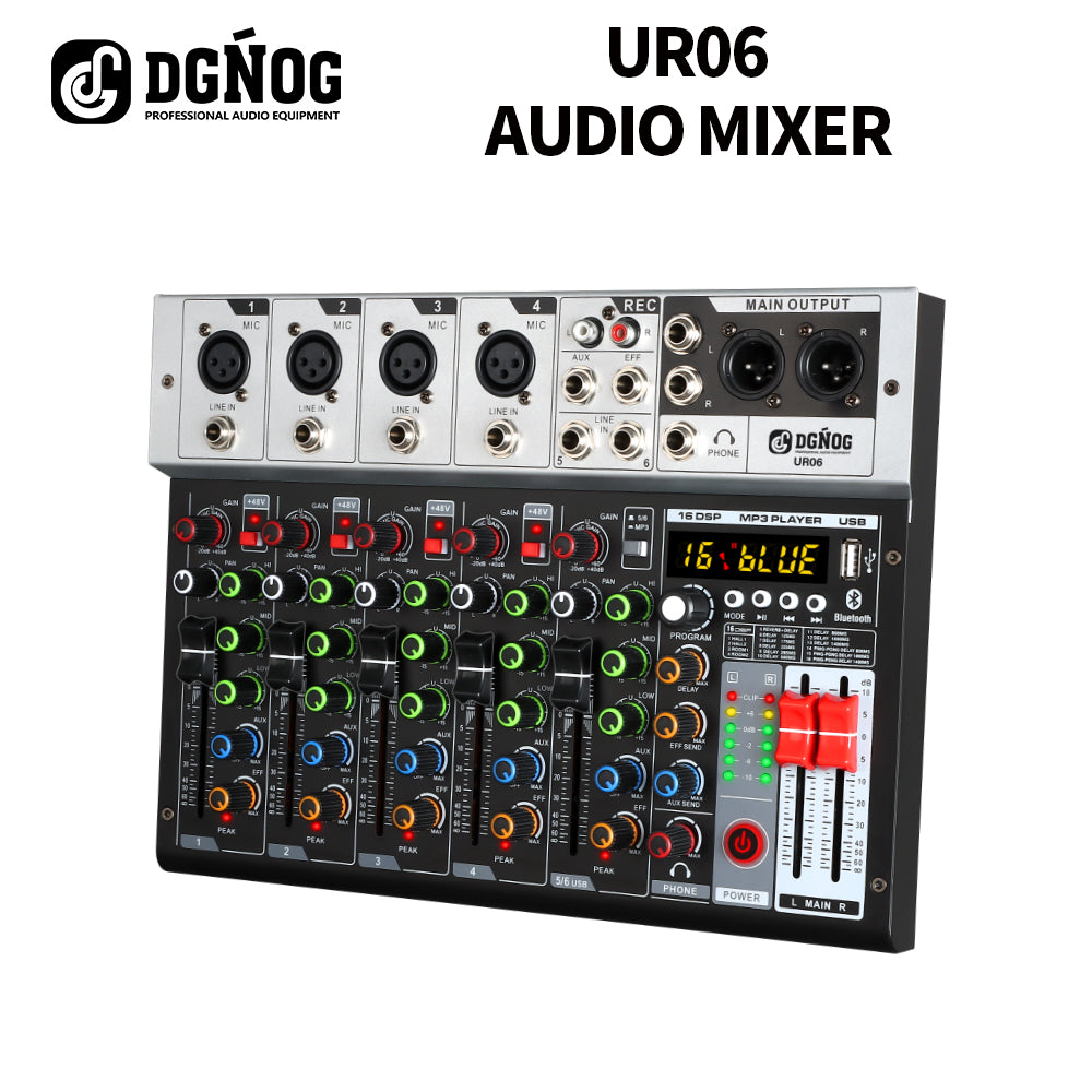 DGNOG  UR06  6 Channel Sound Mixer 16 DSP 48V Supply  Bluetooth connection Equalizing Control for DJ Party  Karaoke  Music-Lover